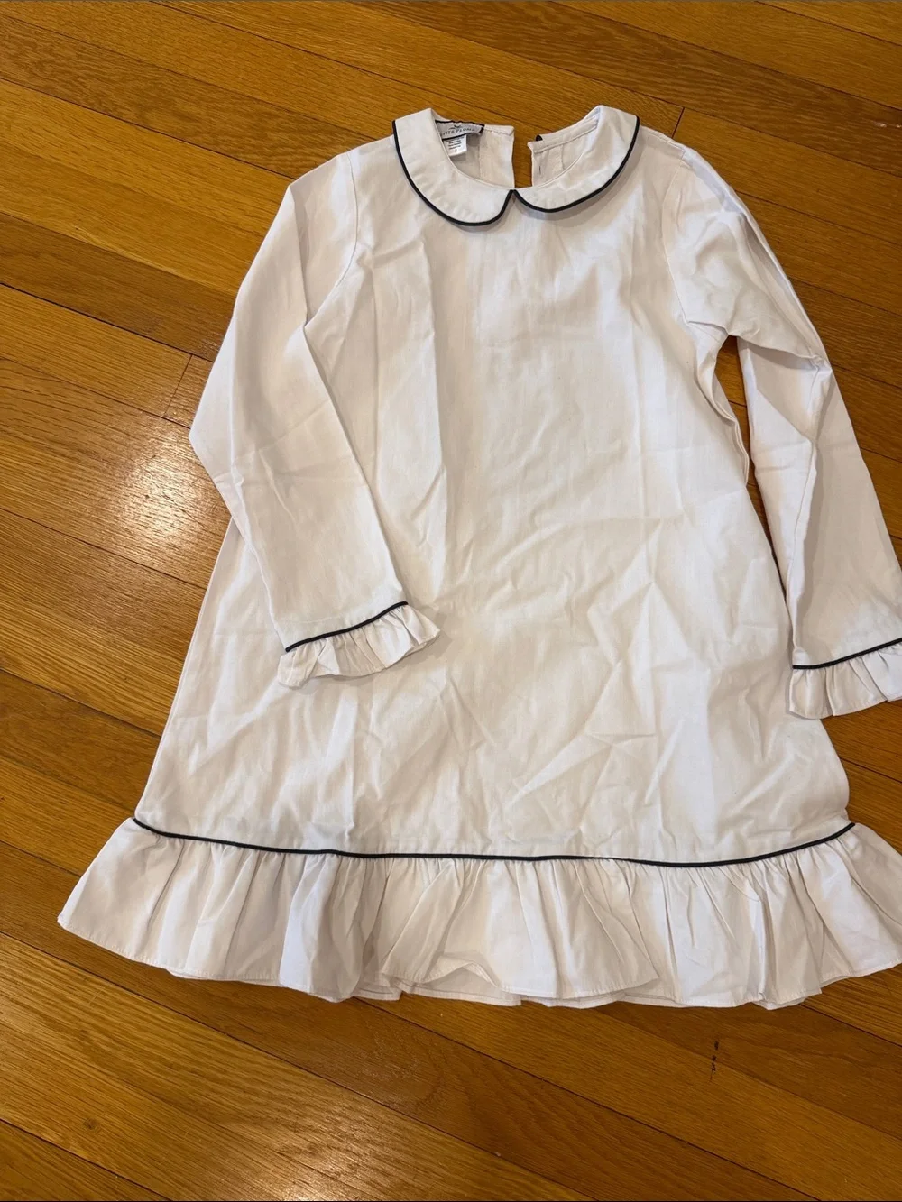 White Long-Sleeve Girls' Nightgown with Black Piping